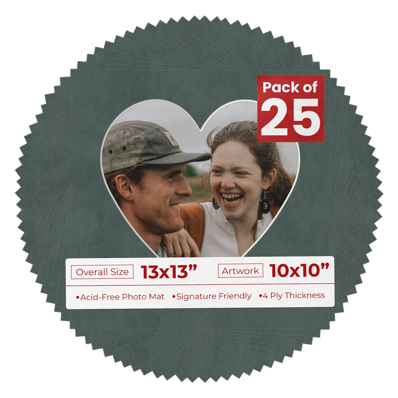 Dark Grey Suede Mat Board for 13x13 Frames - Heart Opening for 10x10 Photos